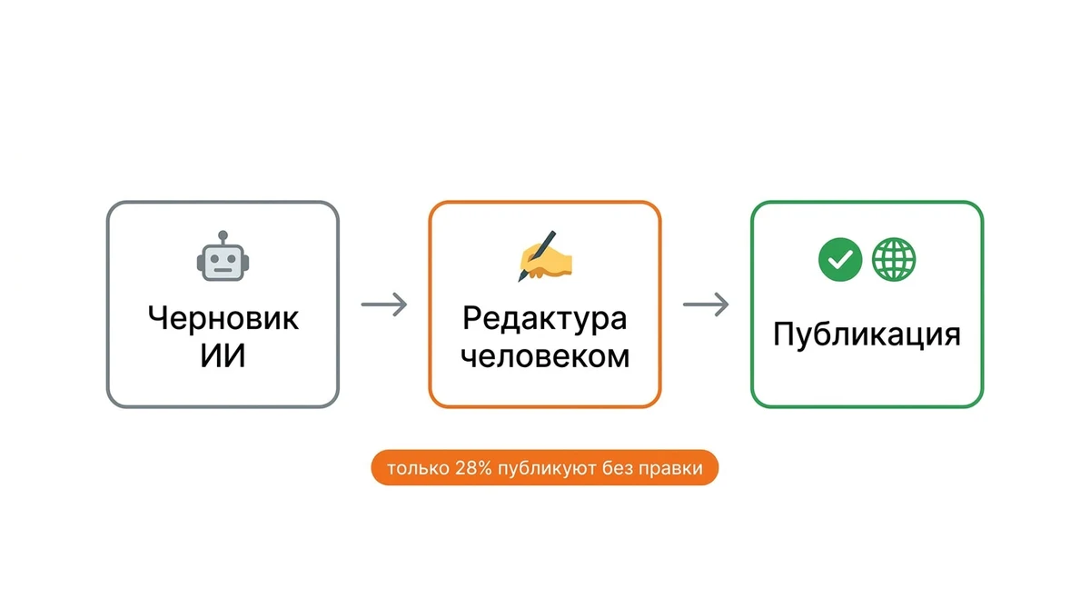 Схема работы: черновик ИИ, затем редактура человеком, затем публикация